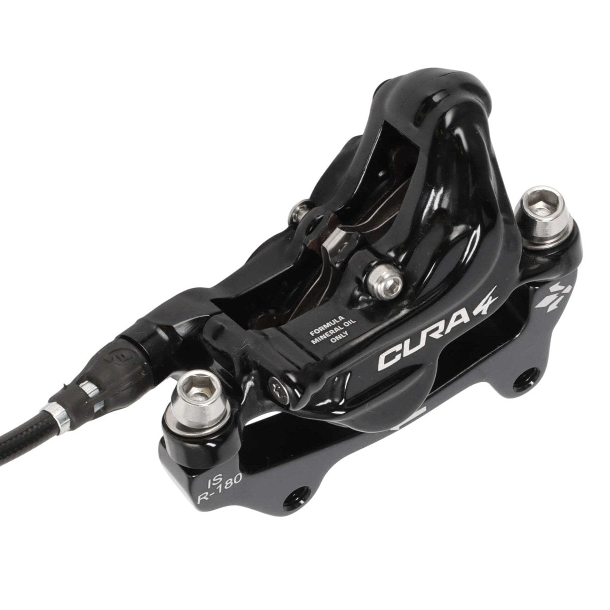 Formula Cura 4 Scheibenbremse | 4 - Kolben | beidseitig | schwarz glänzend | inkl. Beläge und IS Adapter | Leitung 2000 mm - RAAAD.de