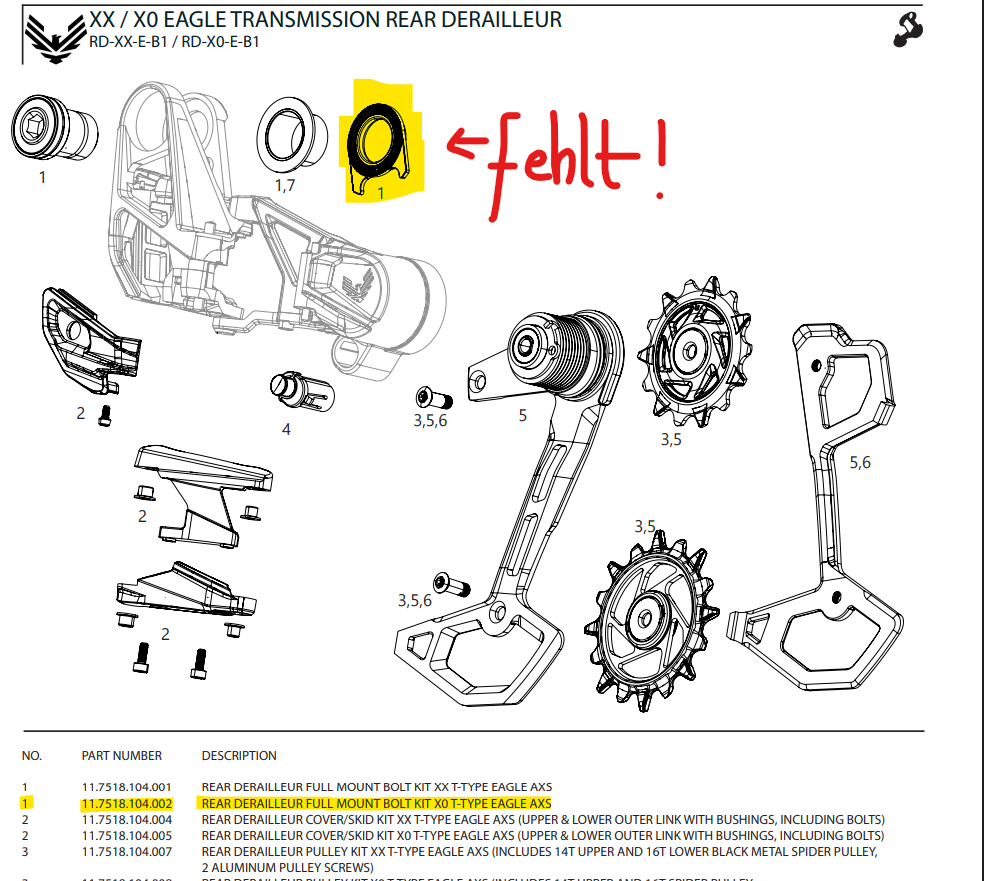 SRAM X0 Eagle Transmission AXS Schaltwerk | 12 - fach | kabellos | T - Type | silbernes Plättchen fehlt - RAAAD.de